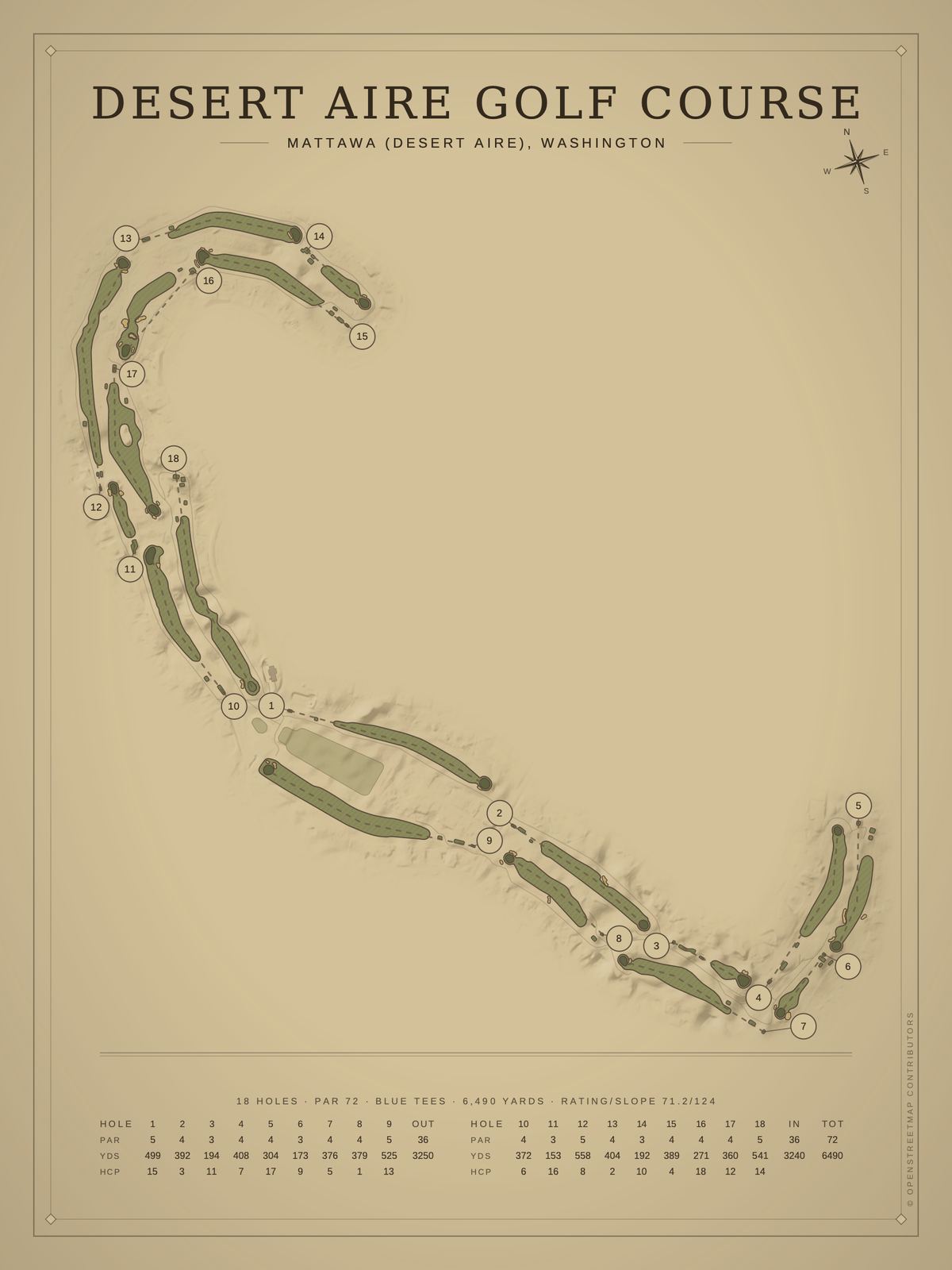 Desert Aire Golf Course map poster, Vintage style, 12×16 / 18×24