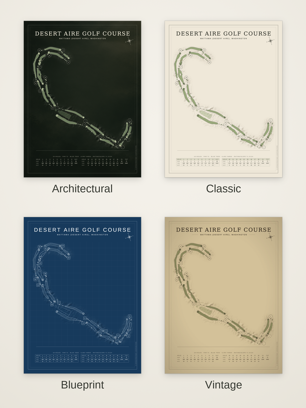 Desert Aire Golf Course map poster in four styles: Architectural, Classic, Blueprint and Vintage