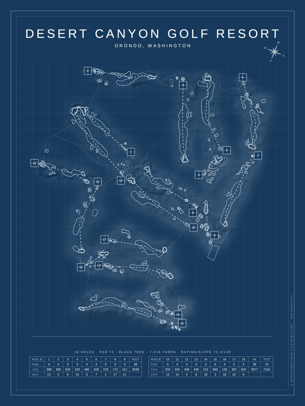 Desert Canyon Golf Resort course map poster, Blueprint style, 12×16 / 18×24