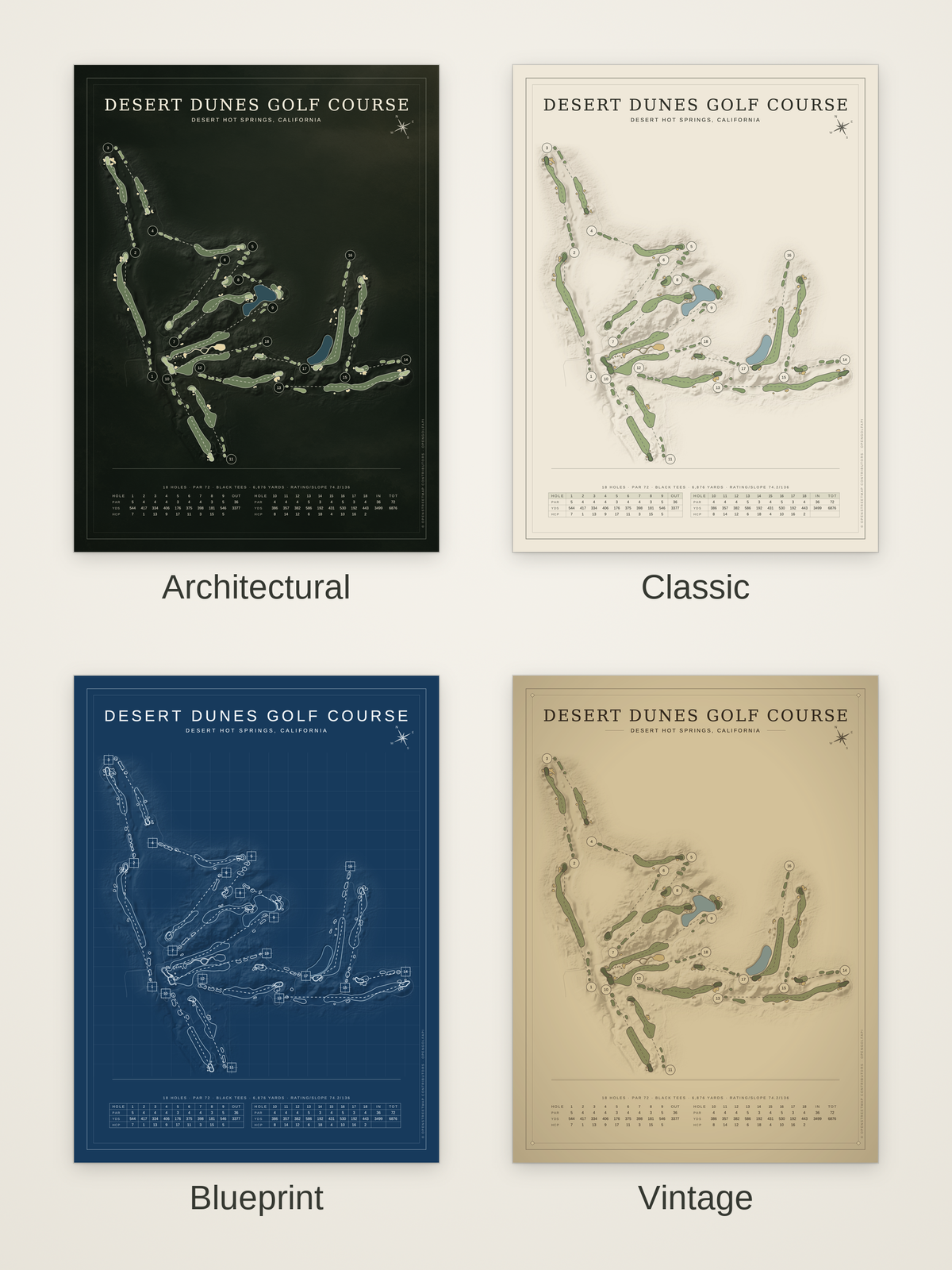 Desert Dunes Golf Course map poster in four styles: Architectural, Classic, Blueprint and Vintage