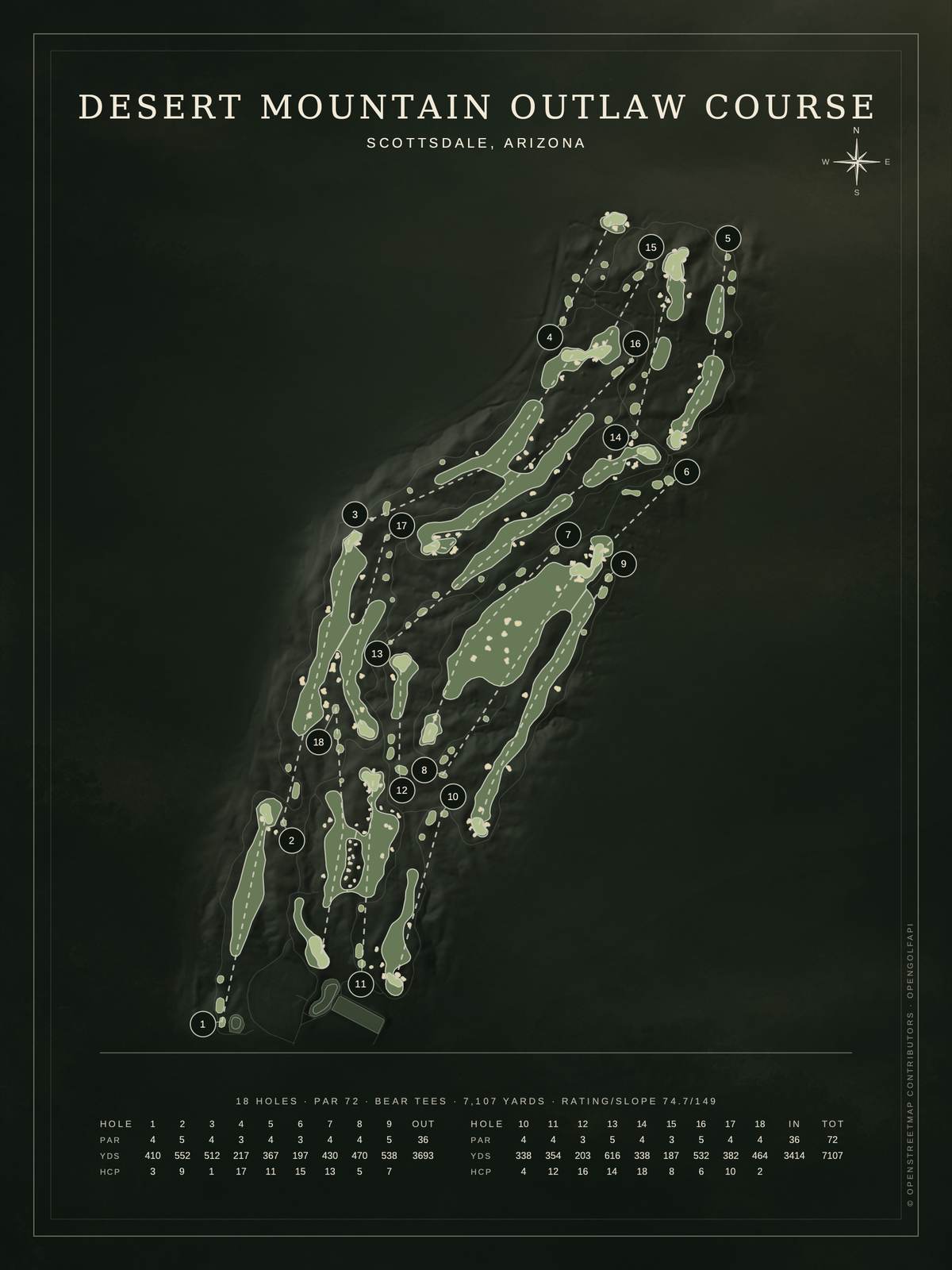 Desert Mountain Outlaw Course map poster, Architectural style, 12×16 / 18×24