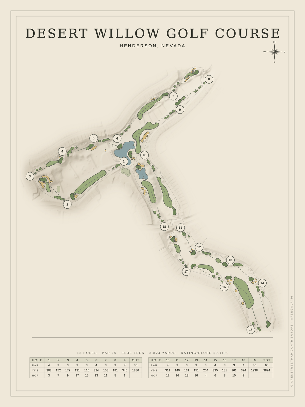 Desert Willow Golf Course map poster, Classic style, 12×16 / 18×24