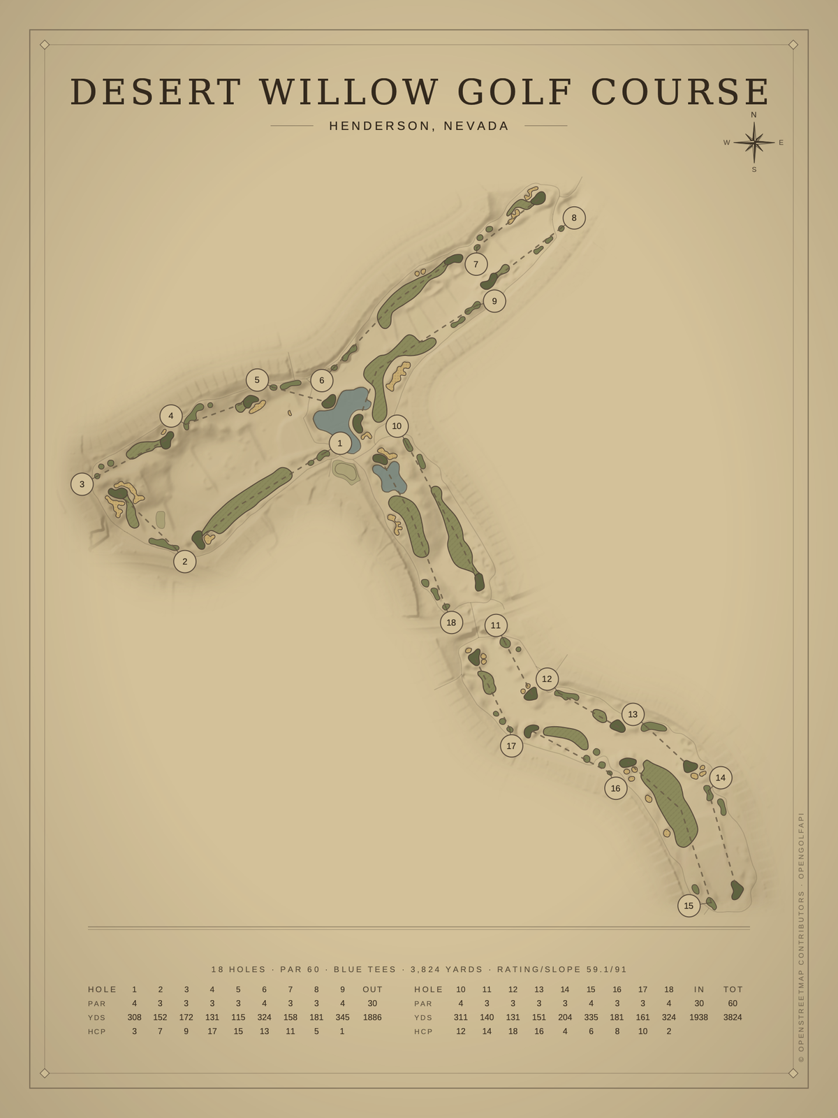 Desert Willow Golf Course map poster, Vintage style, 12×16 / 18×24