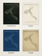 Desert Willow Golf Course map poster in four styles: Architectural, Classic, Blueprint and Vintage