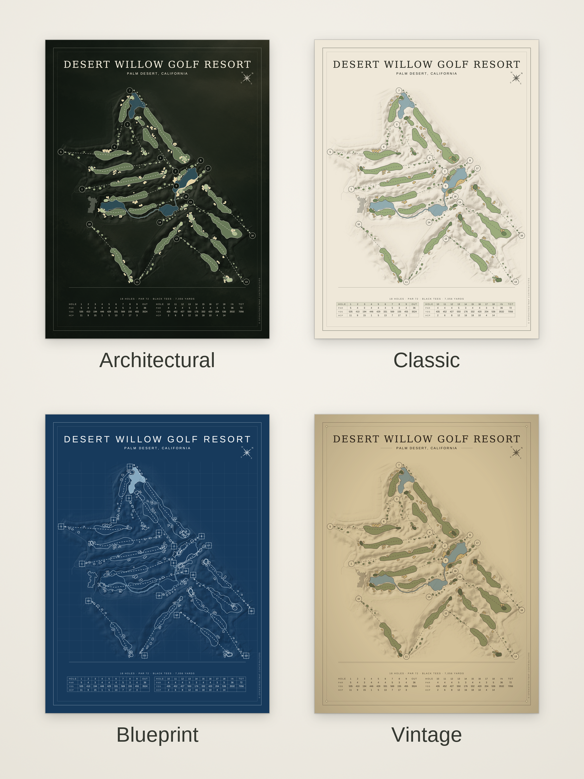 Desert Willow Golf Resort course map poster in four styles: Architectural, Classic, Blueprint and Vintage