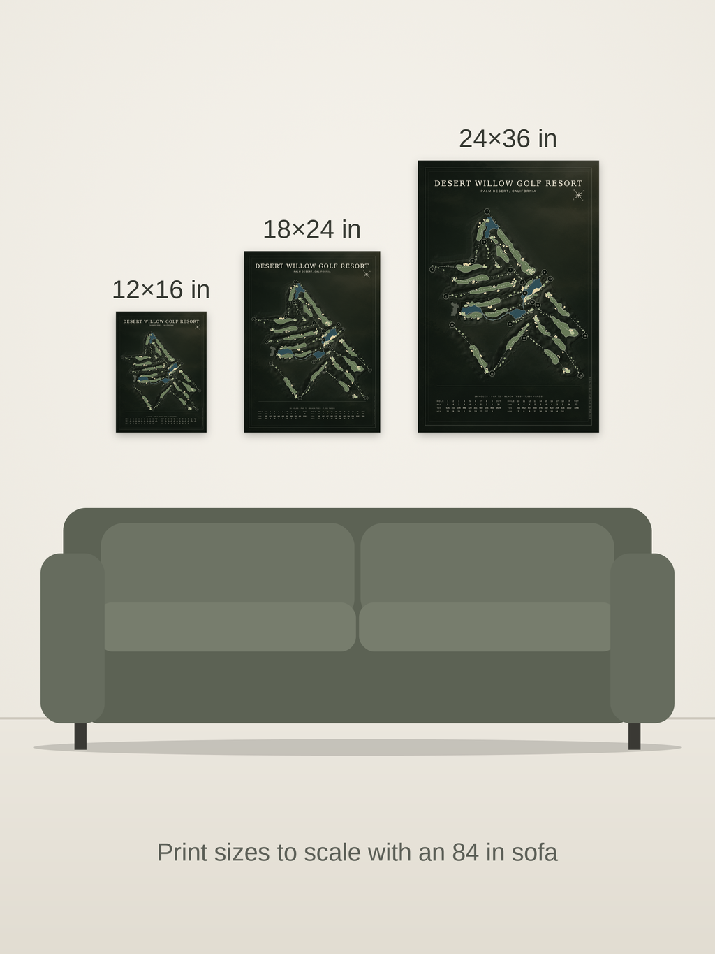 Desert Willow Golf Resort course map poster in the Architectural style at 12×16, 18×24 and 24×36 inches, shown to scale on a wall above an 84-inch sofa