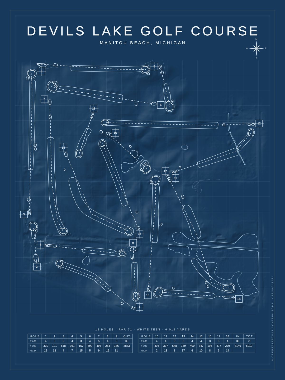 Devils Lake Golf Course map poster, Blueprint style, 12×16 / 18×24