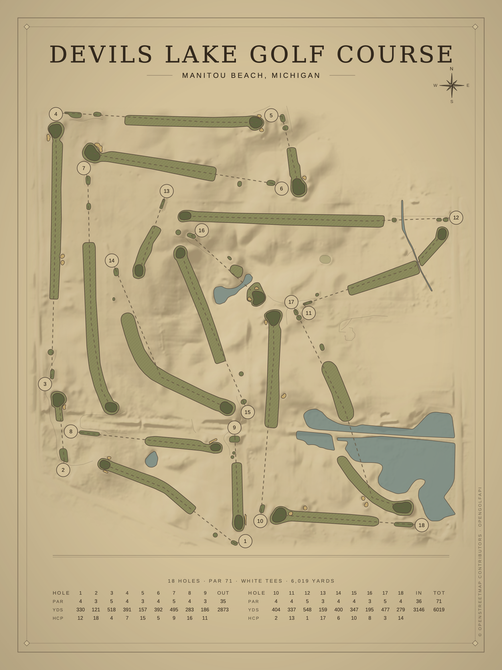 Devils Lake Golf Course map poster, Vintage style, 12×16 / 18×24