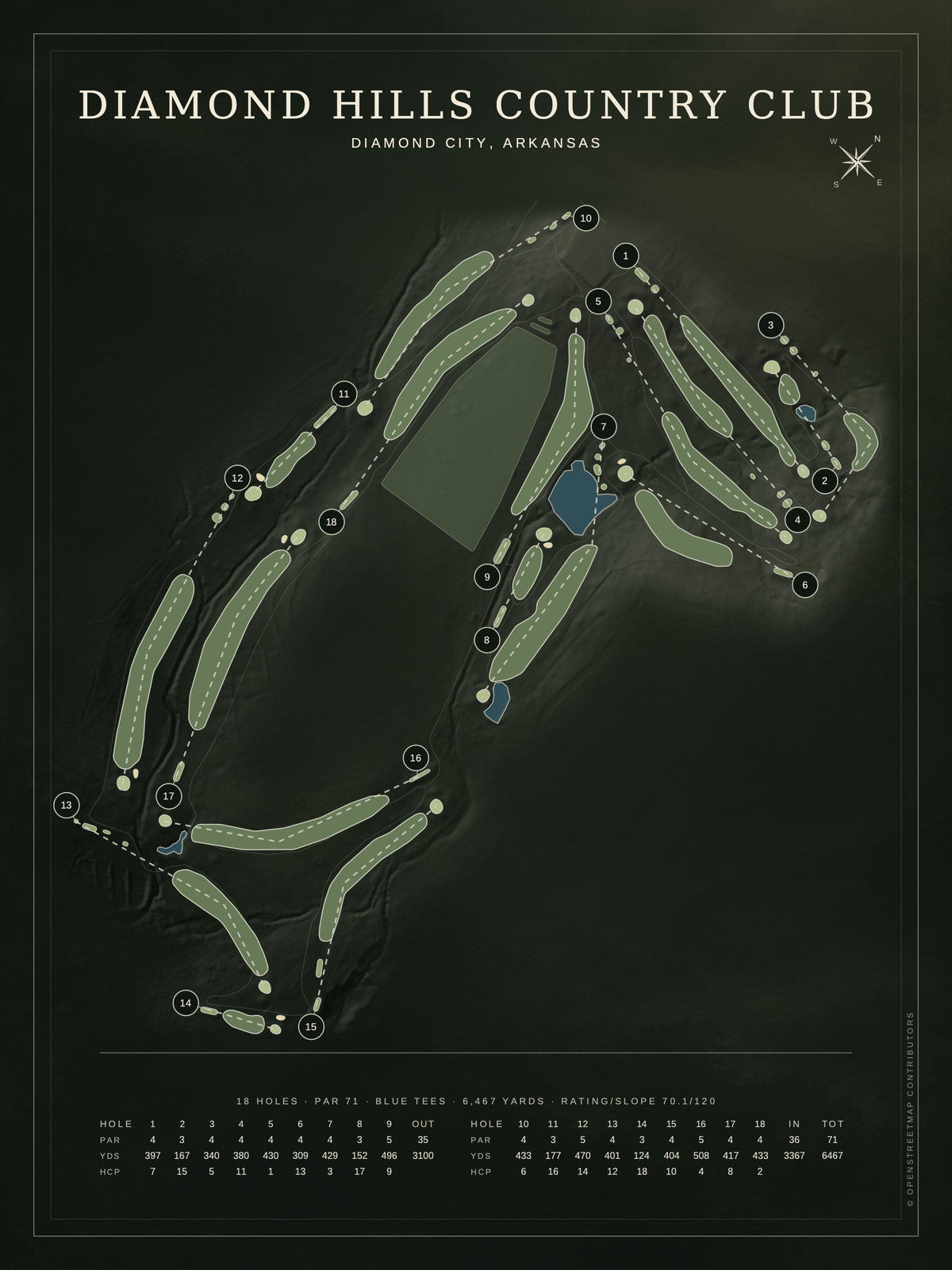 Diamond Hills Country Club course map poster, Architectural style, 12×16 / 18×24