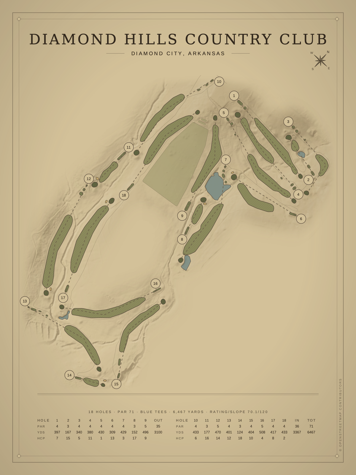 Diamond Hills Country Club course map poster, Vintage style, 12×16 / 18×24