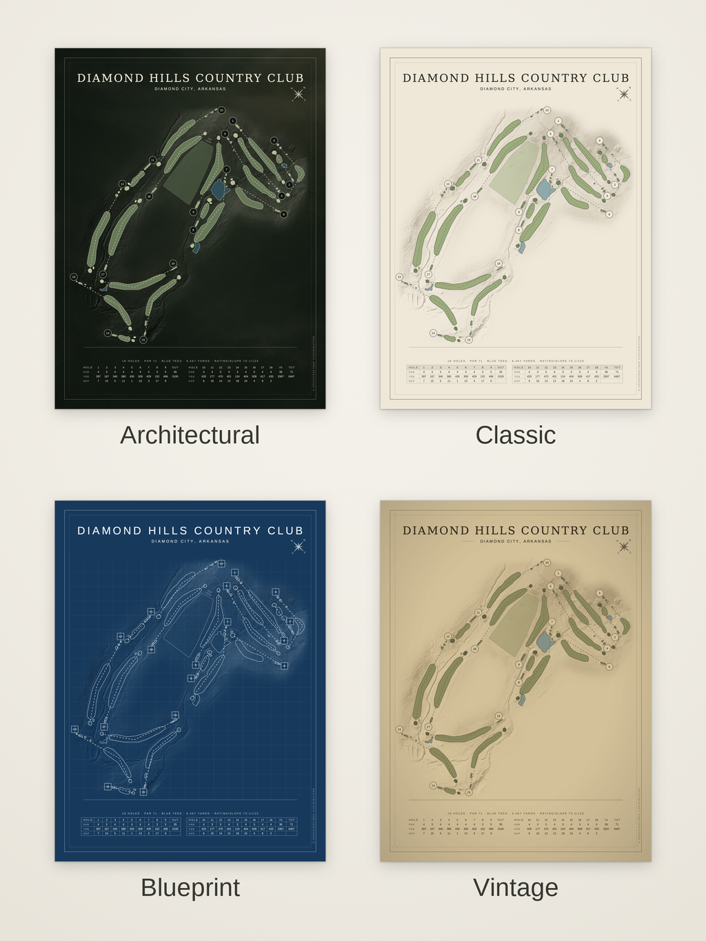 Diamond Hills Country Club course map poster in four styles: Architectural, Classic, Blueprint and Vintage