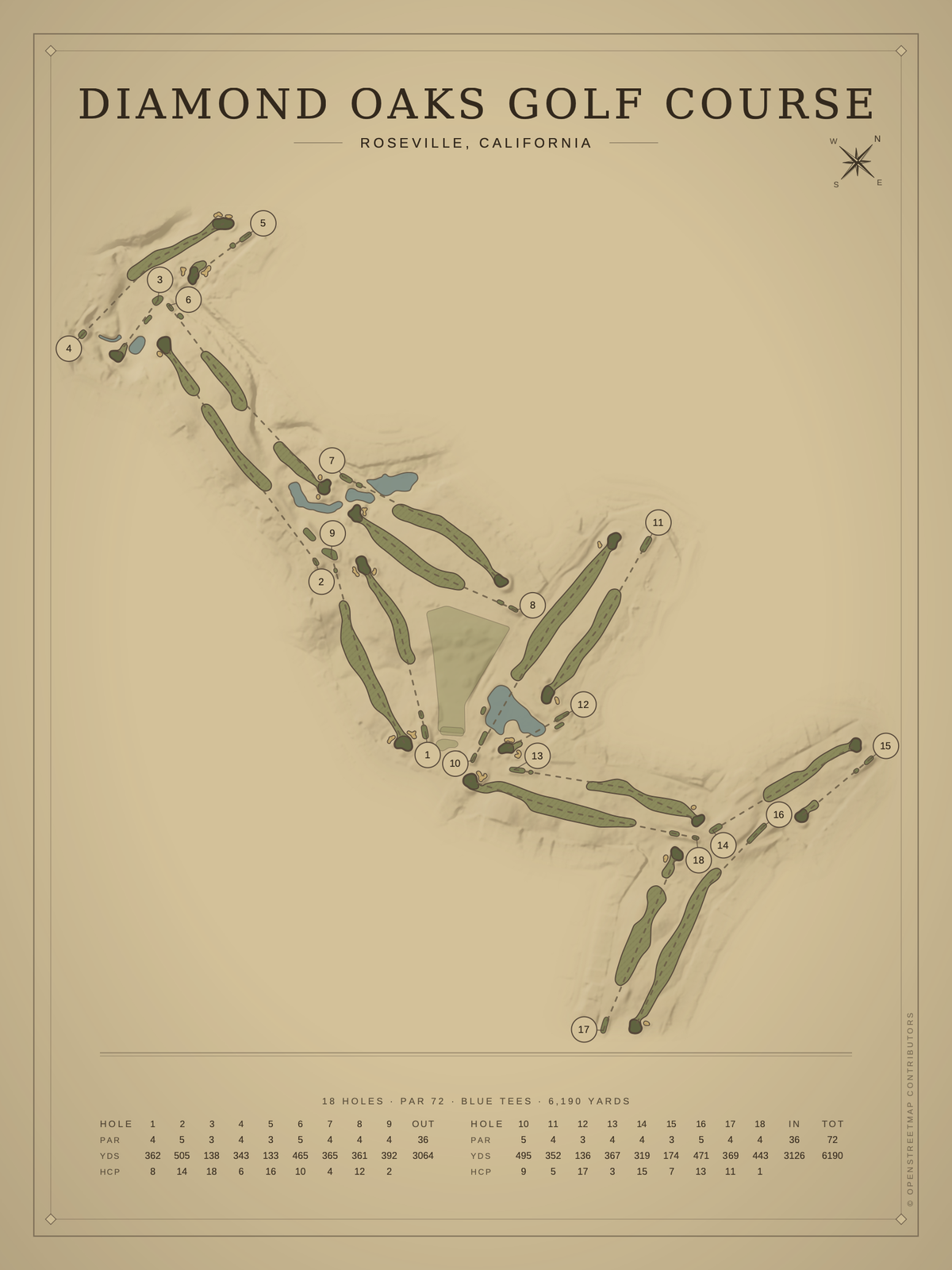 Diamond Oaks Golf Course map poster, Vintage style, 12×16 / 18×24