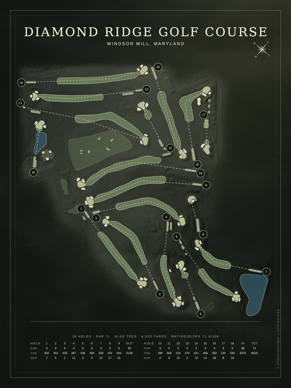 Diamond Ridge Golf Course map poster, Architectural style, 12×16 / 18×24