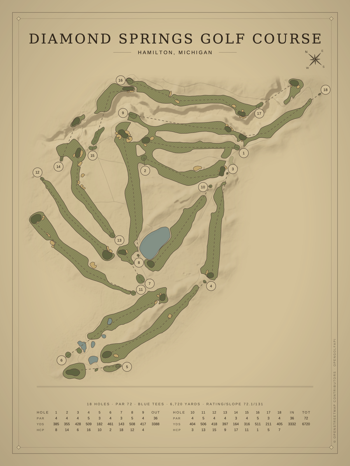 Diamond Springs Golf Course map poster, Vintage style, 12×16 / 18×24