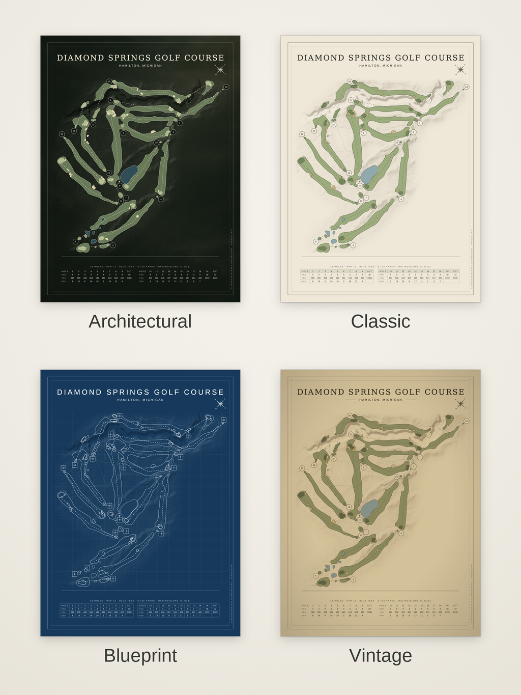 Diamond Springs Golf Course map poster in four styles: Architectural, Classic, Blueprint and Vintage