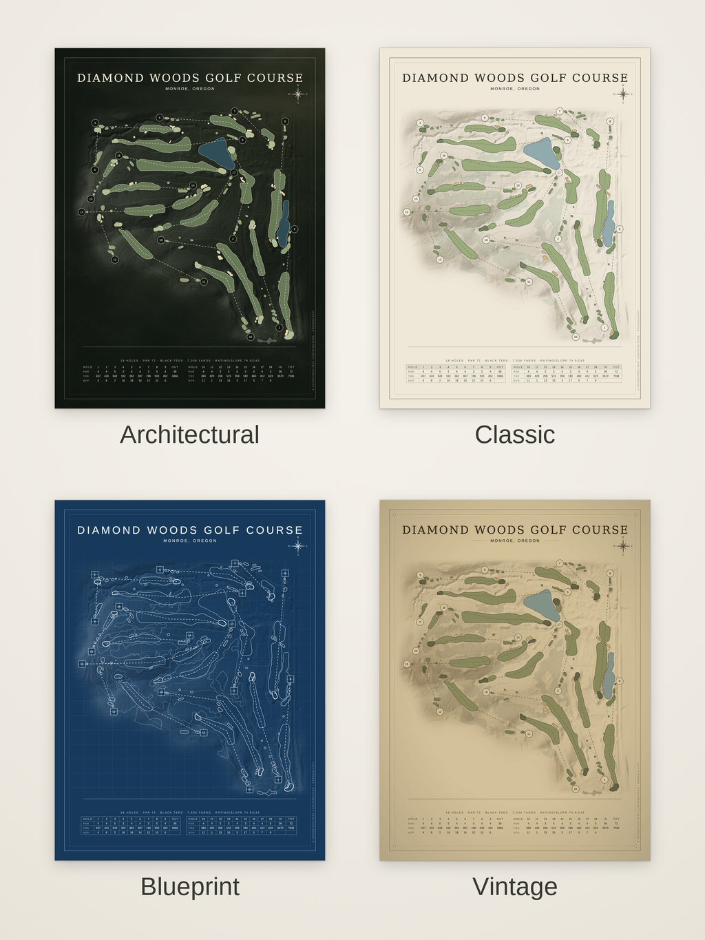 Diamond Woods Golf Course map poster in four styles: Architectural, Classic, Blueprint and Vintage