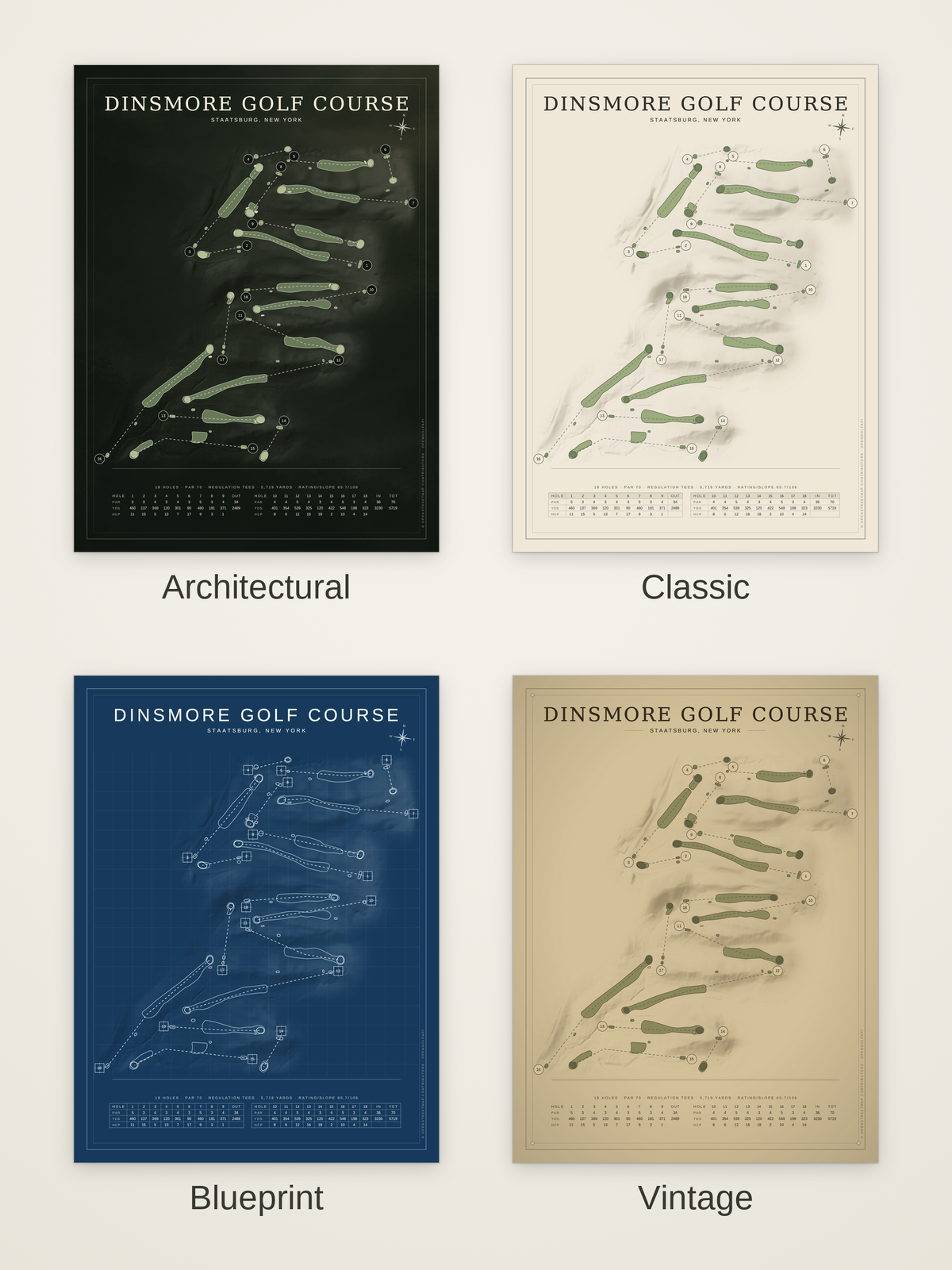 Dinsmore Golf Course map poster in four styles: Architectural, Classic, Blueprint and Vintage