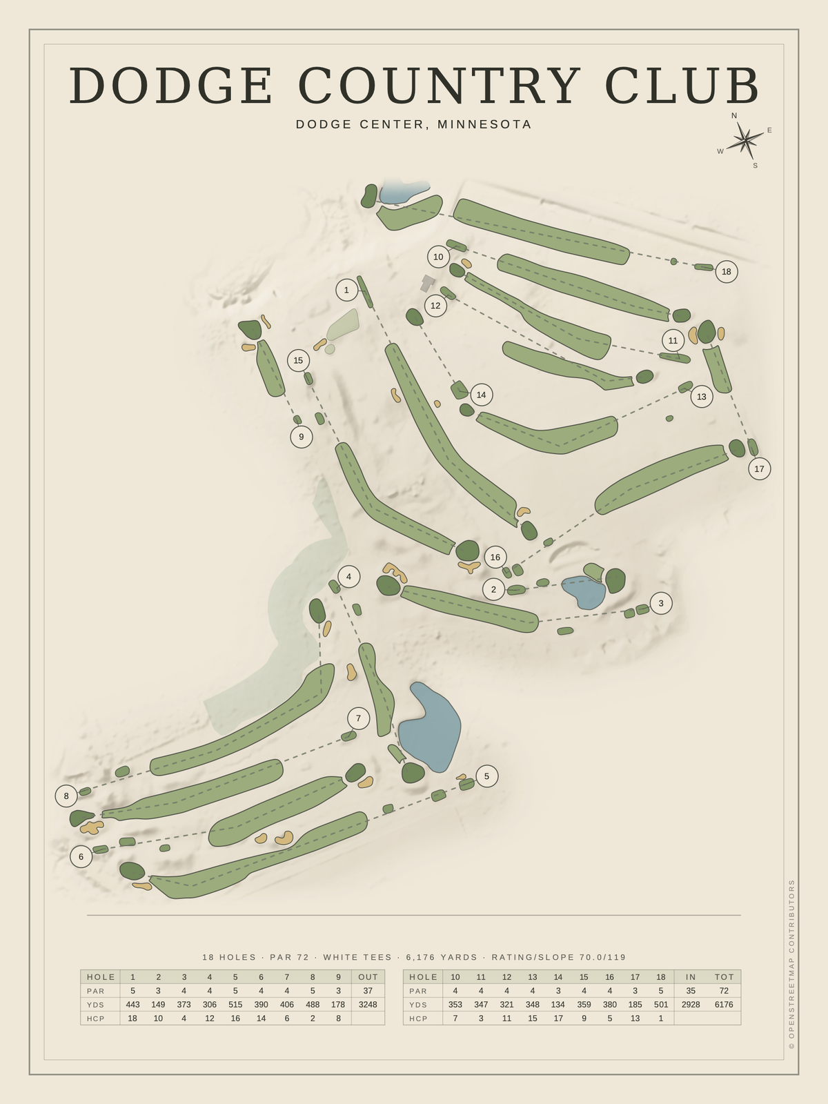 Dodge Country Club course map poster, Classic style, 12×16 / 18×24