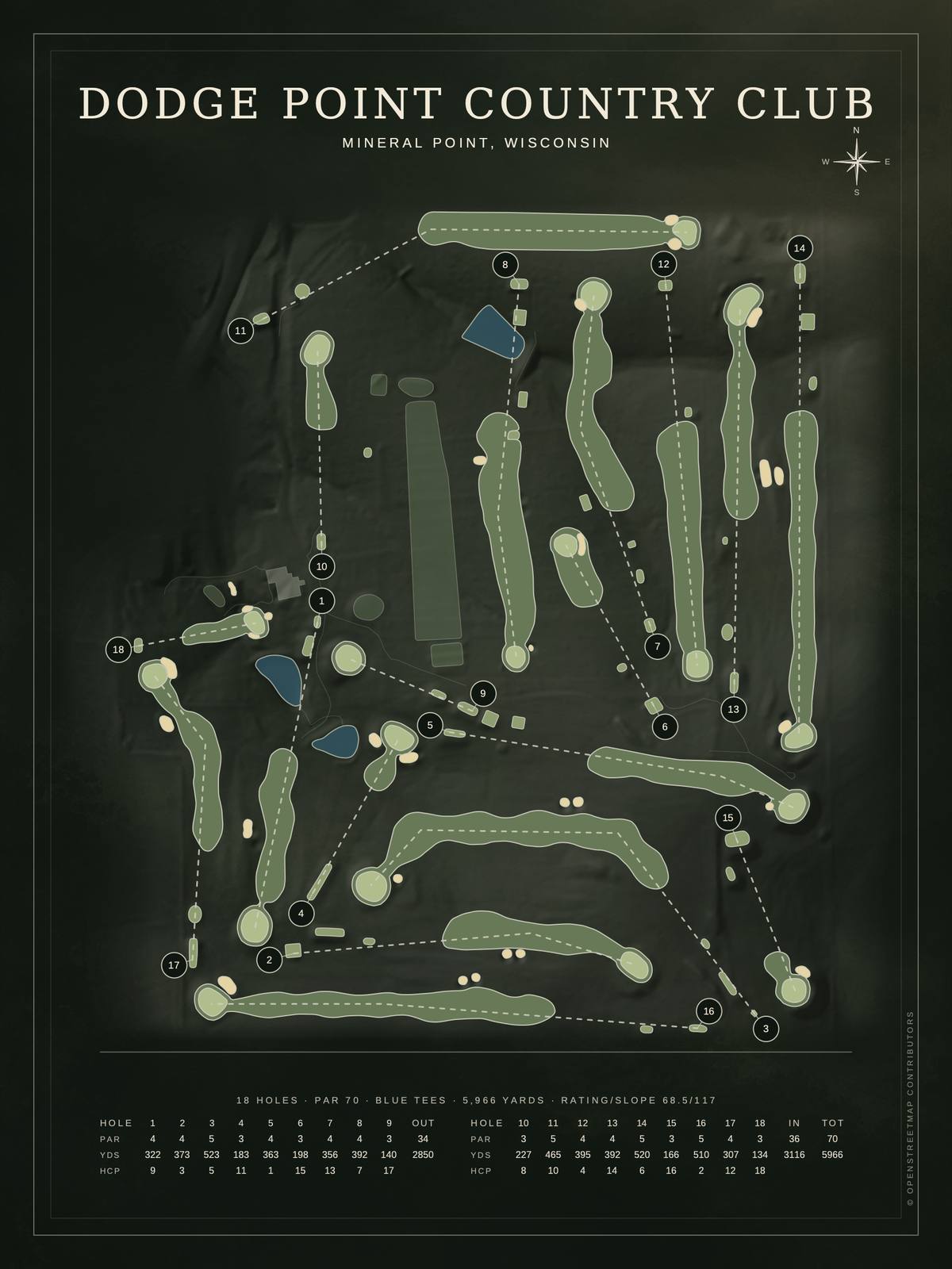 Dodge Point Country Club course map poster, Architectural style, 12×16 / 18×24