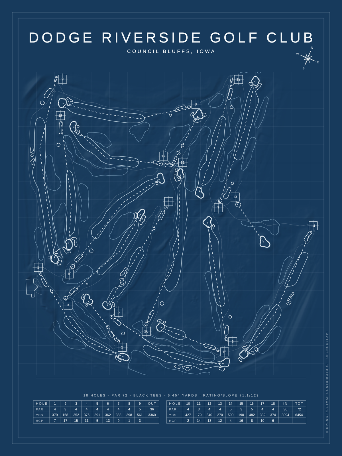 Dodge Riverside Golf Club course map poster, Blueprint style, 12×16 / 18×24