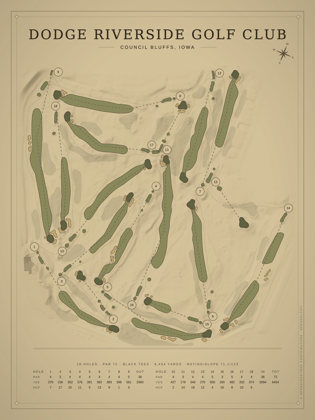 Dodge Riverside Golf Club course map poster, Vintage style, 12×16 / 18×24