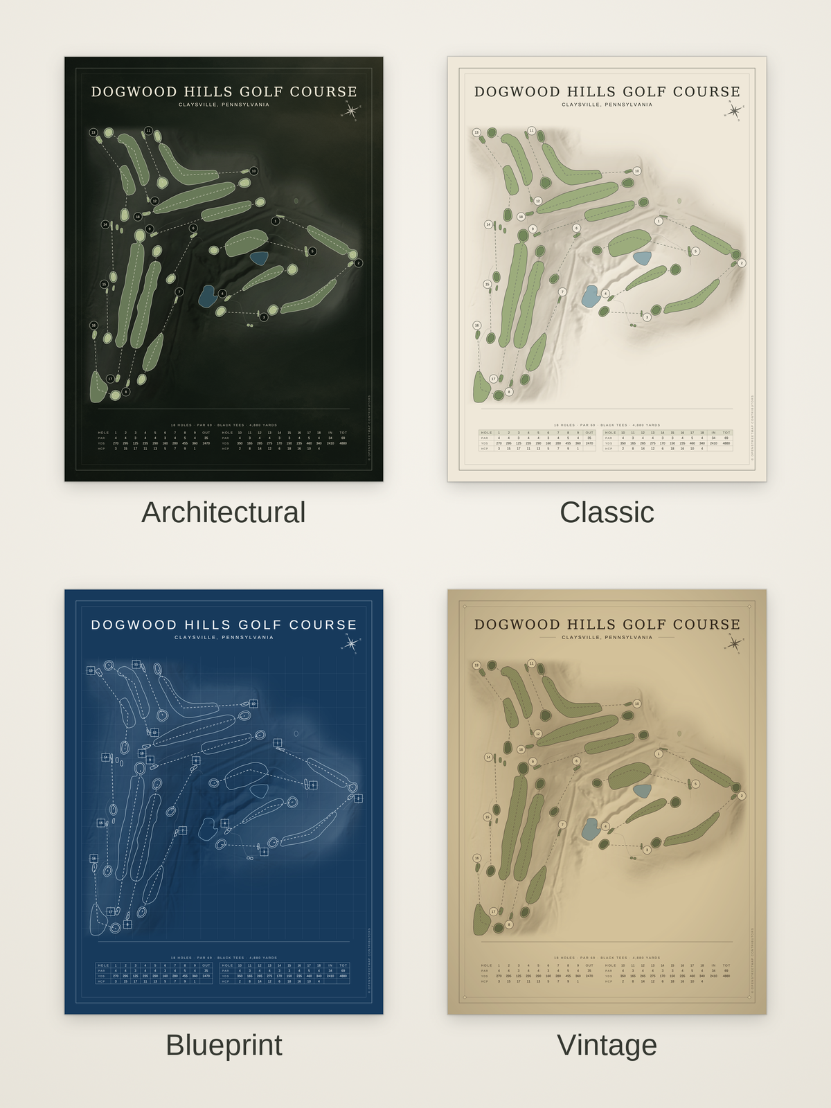 Dogwood Hills Golf Course map poster in four styles: Architectural, Classic, Blueprint and Vintage