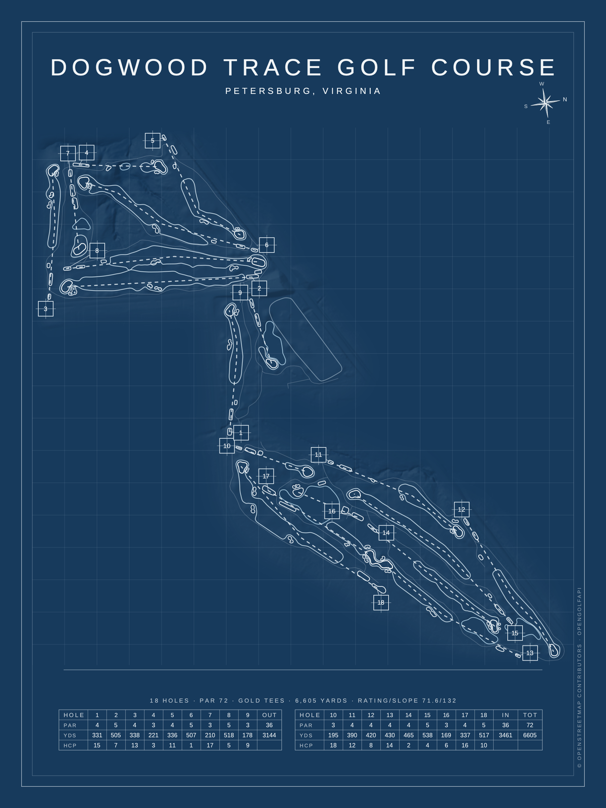 Dogwood Trace Golf Course map poster, Blueprint style, 12×16 / 18×24