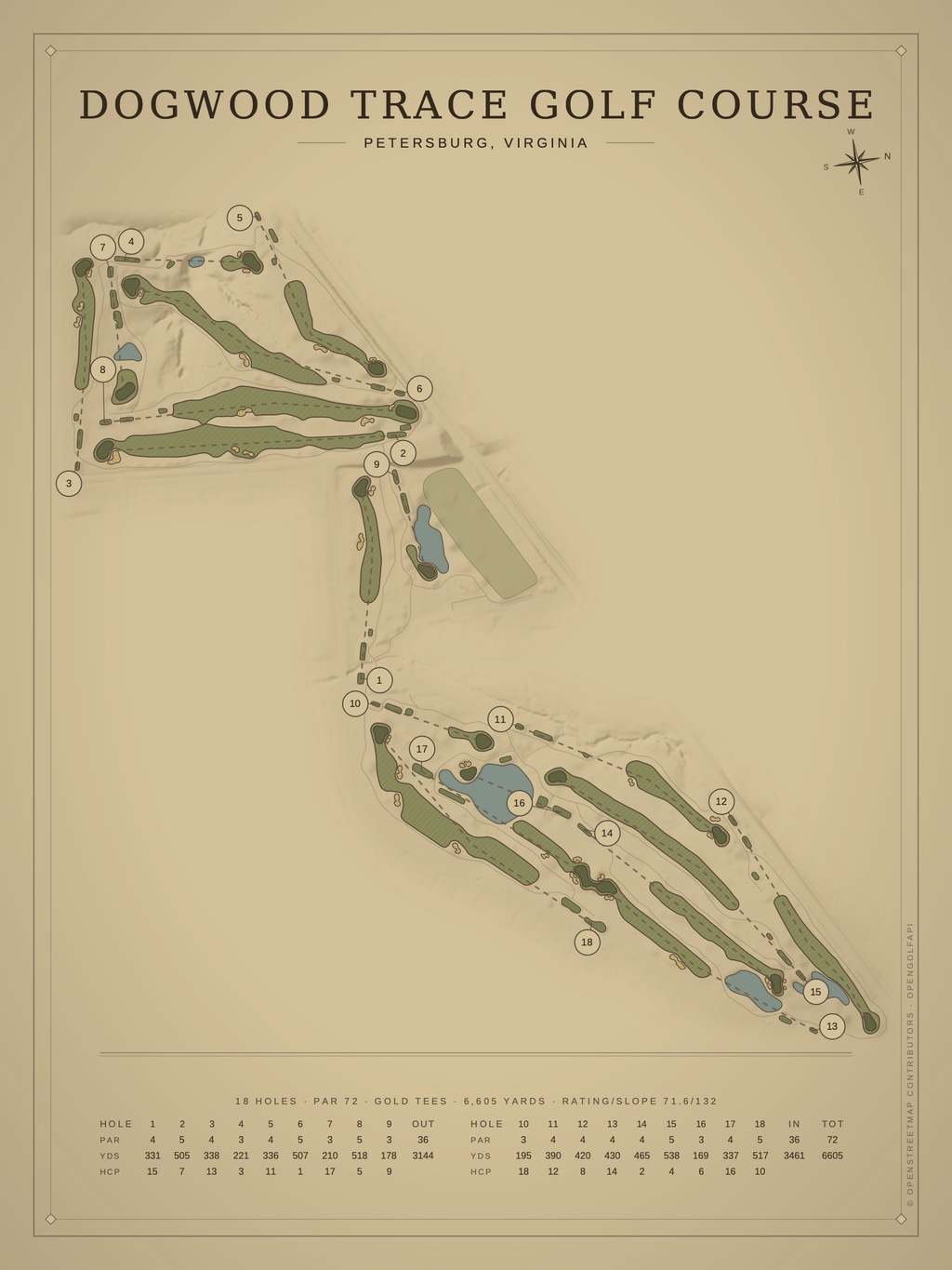 Dogwood Trace Golf Course map poster, Vintage style, 12×16 / 18×24