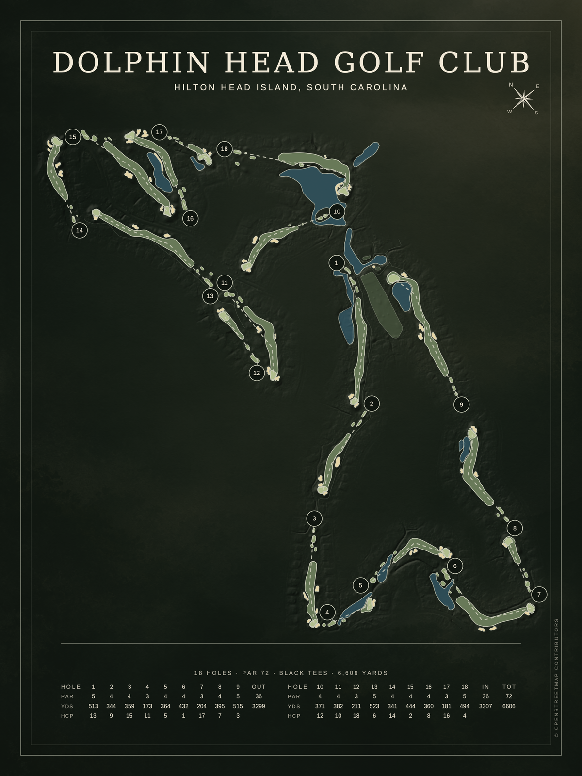 Dolphin Head Golf Club course map poster, Architectural style, 12×16 / 18×24