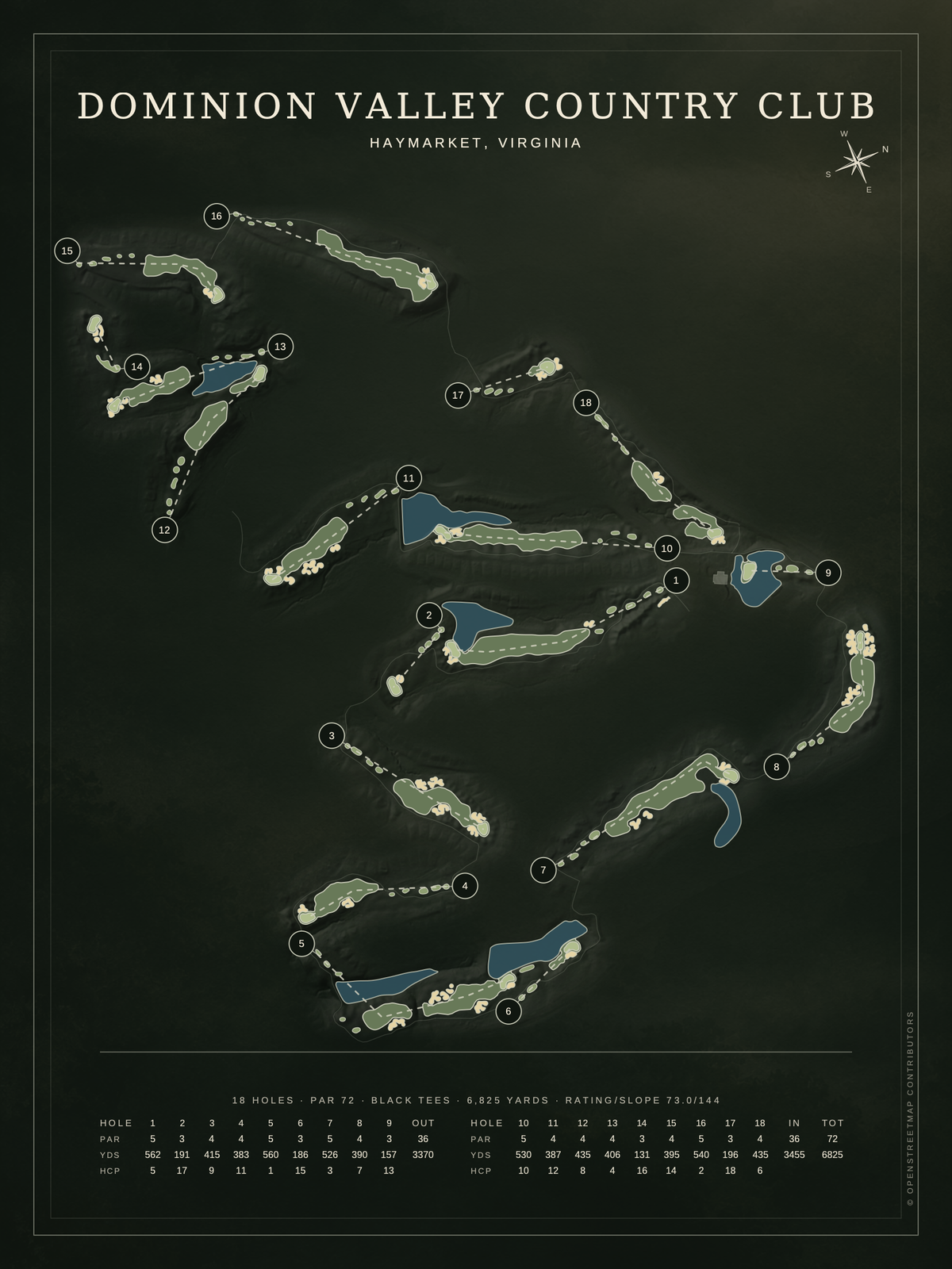 Dominion Valley Country Club course map poster, Architectural style, 12×16 / 18×24