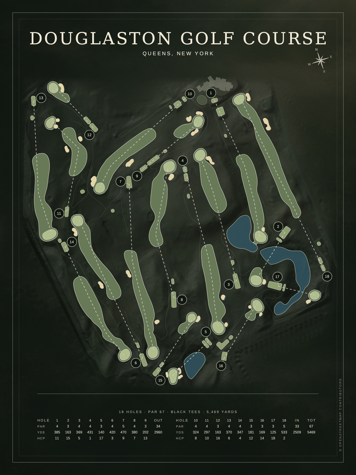 Douglaston Golf Course map poster, Architectural style, 12×16 / 18×24
