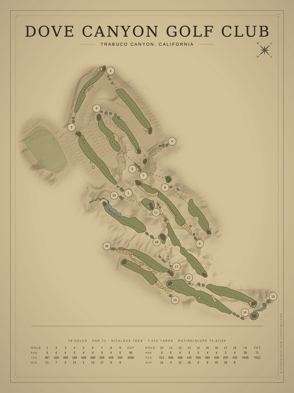 Dove Canyon Golf Club course map poster, Vintage style, 12×16 / 18×24