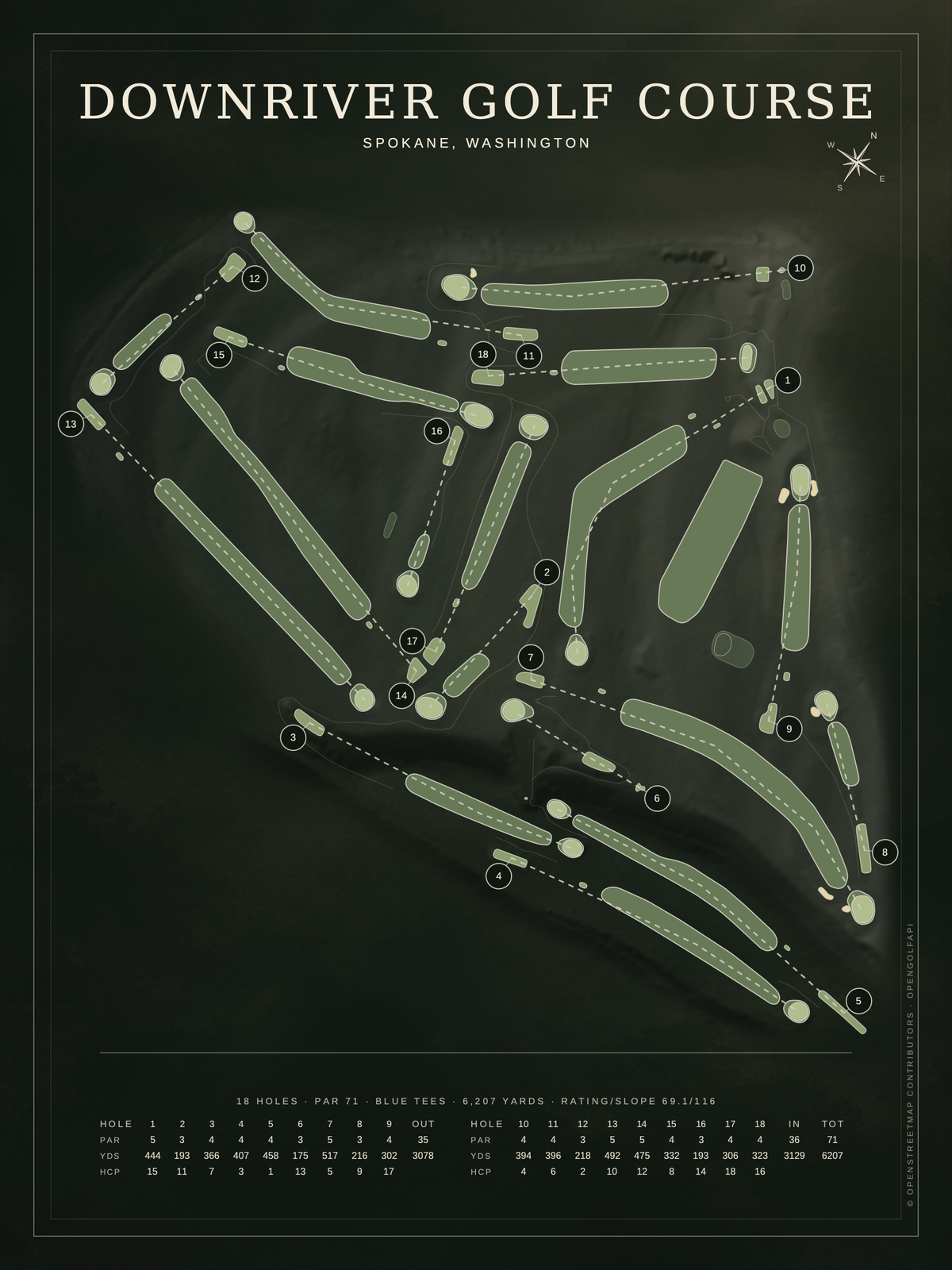 Downriver Golf Course map poster, Architectural style, 12×16 / 18×24
