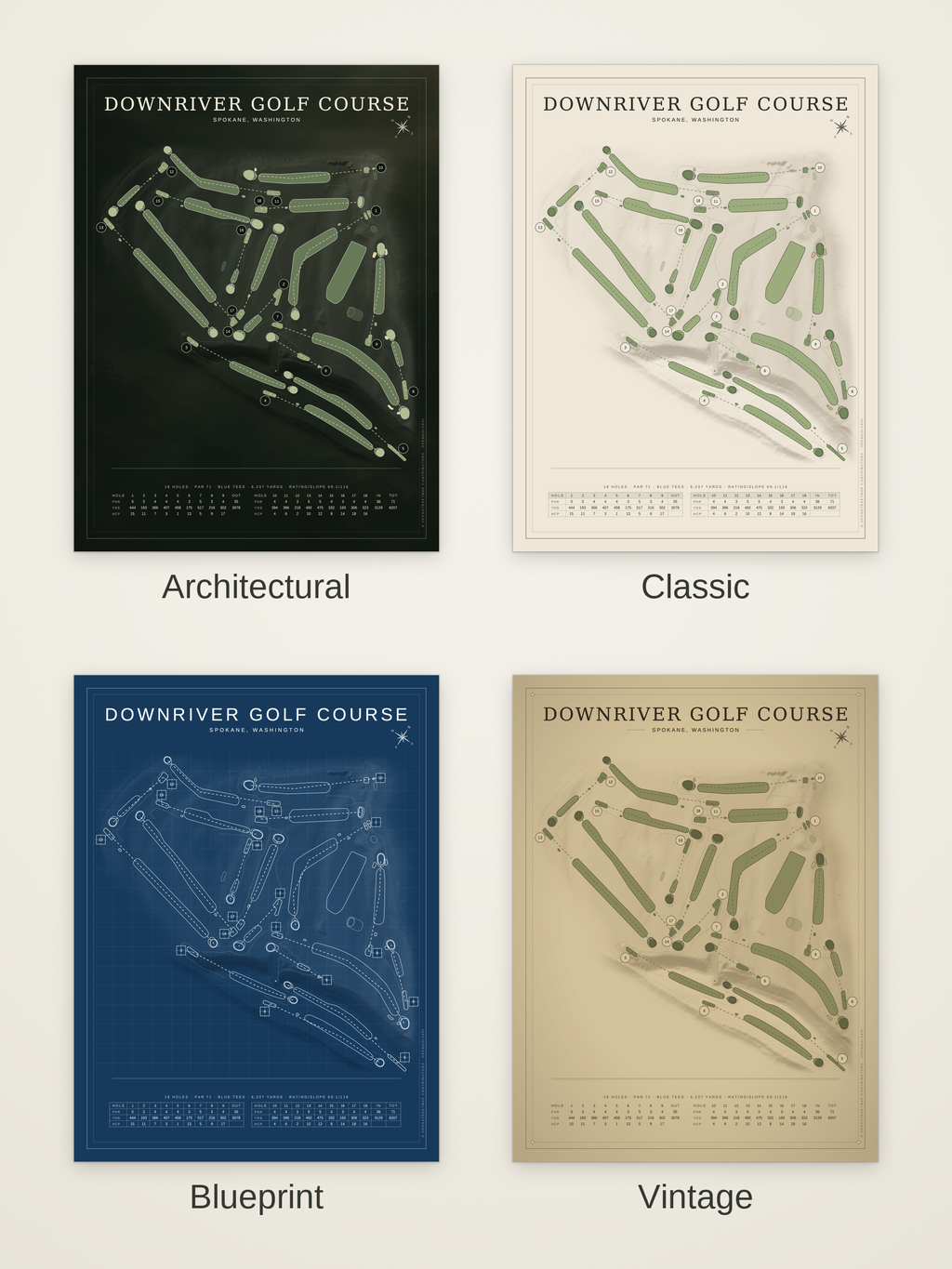 Downriver Golf Course map poster in four styles: Architectural, Classic, Blueprint and Vintage