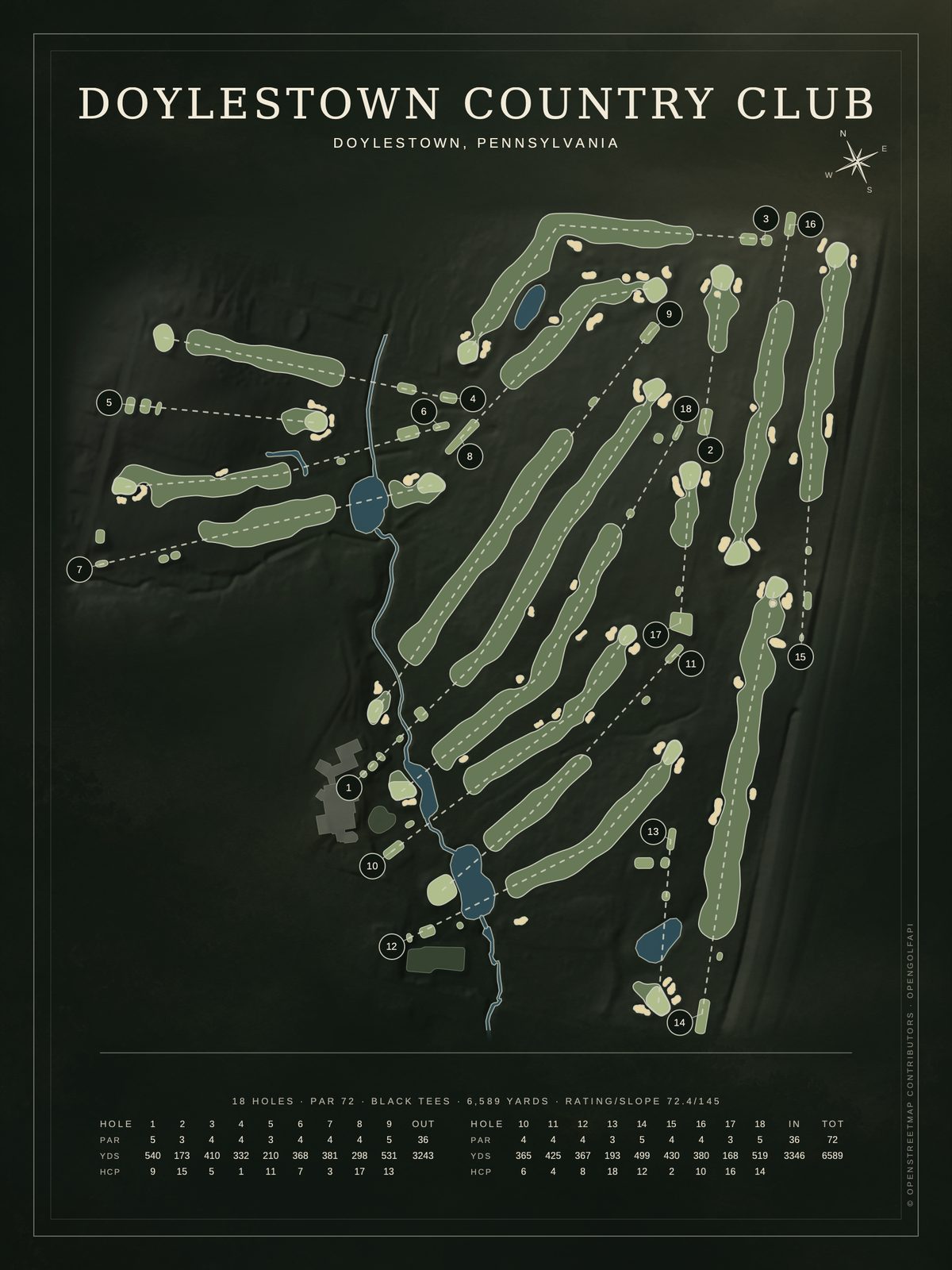 Doylestown Country Club course map poster, Architectural style, 12×16 / 18×24