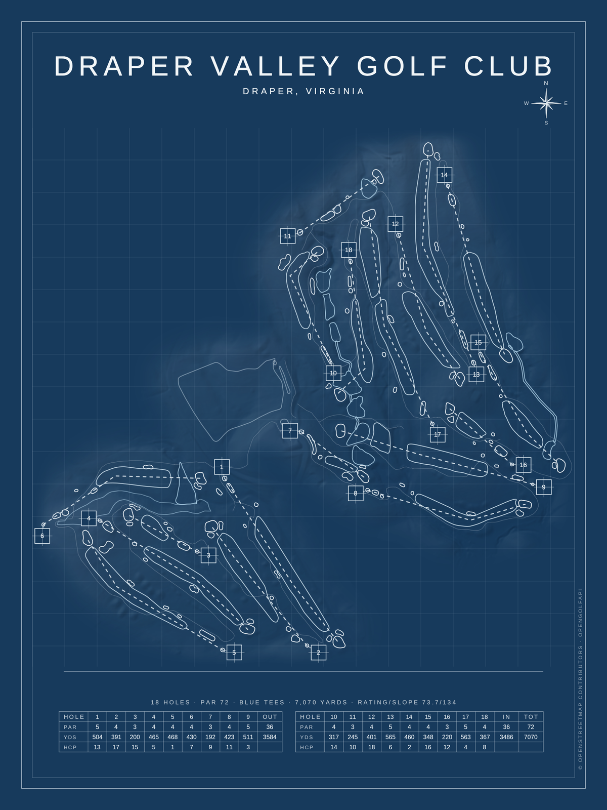 Draper Valley Golf Club course map poster, Blueprint style, 12×16 / 18×24