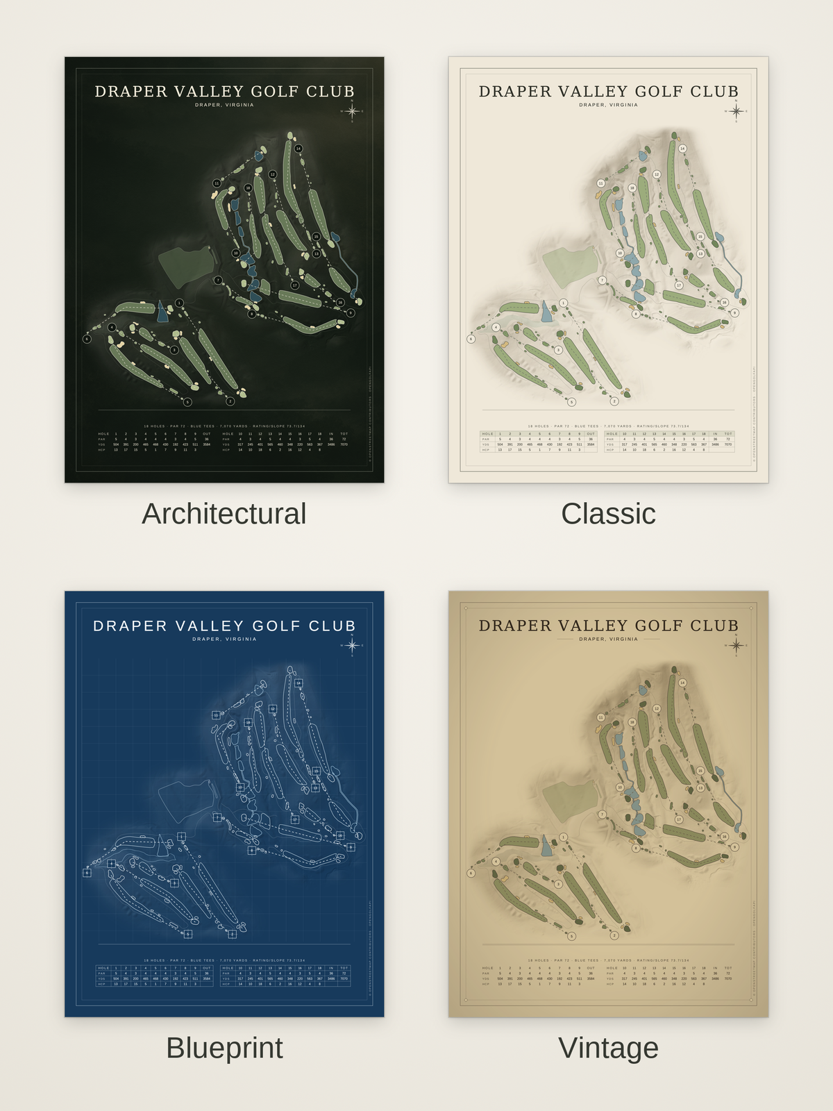 Draper Valley Golf Club course map poster in four styles: Architectural, Classic, Blueprint and Vintage