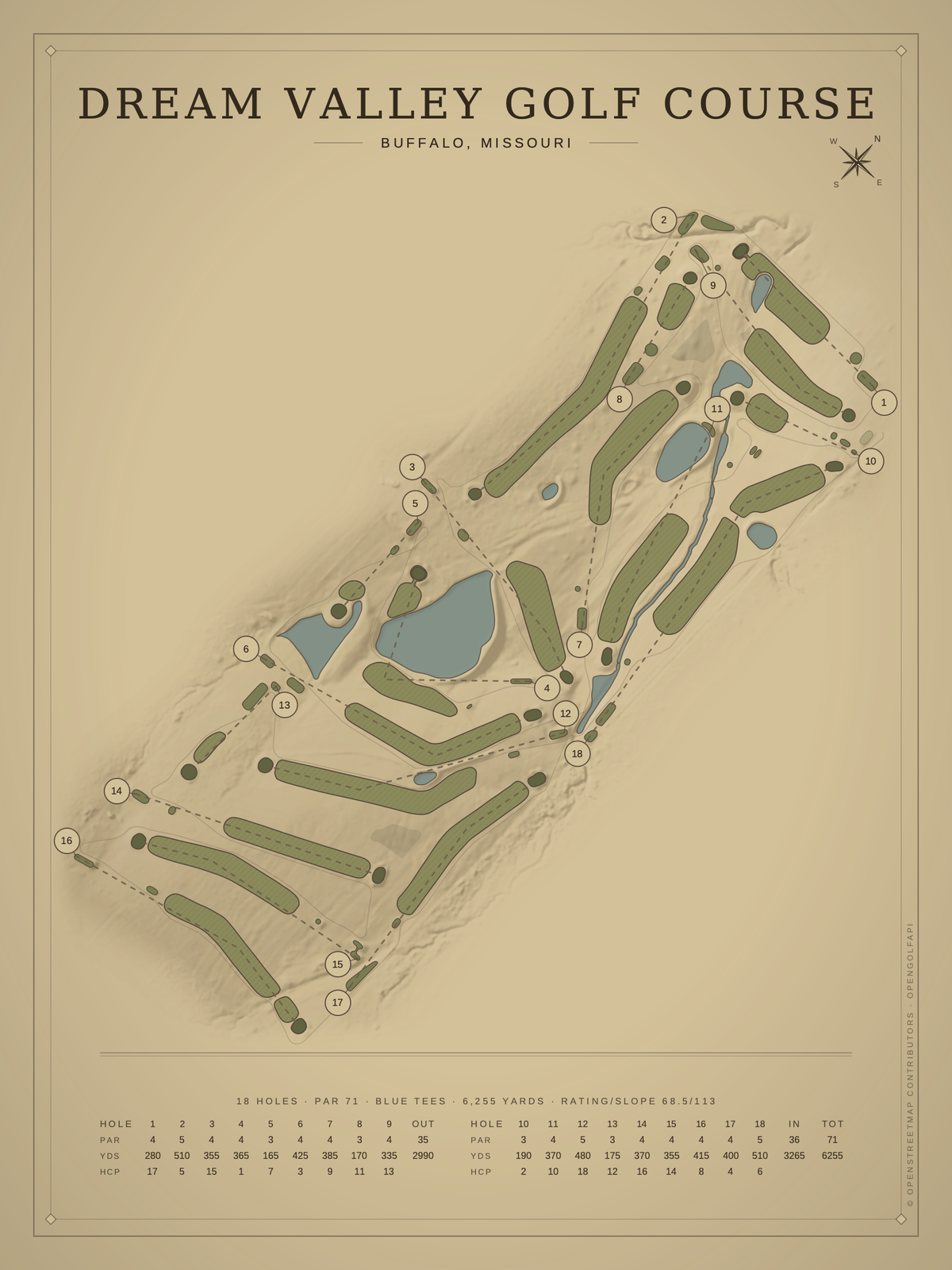 Dream Valley Golf Course map poster, Vintage style, 12×16 / 18×24