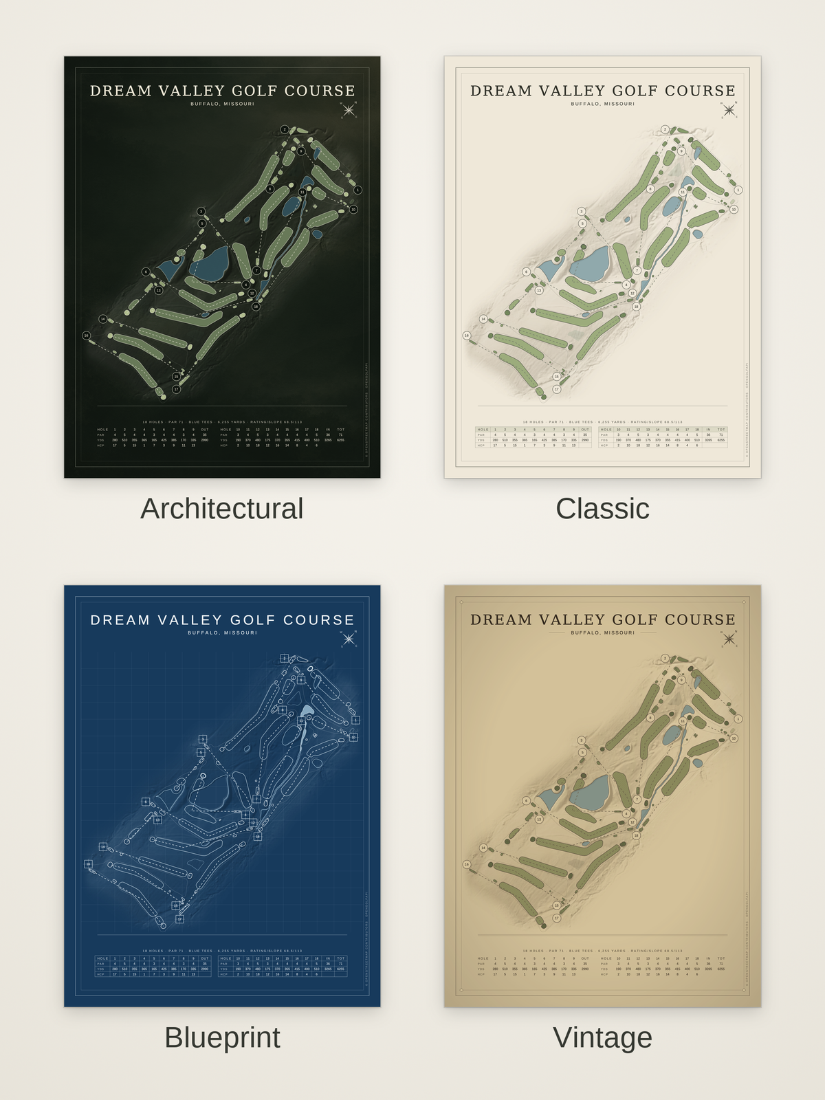 Dream Valley Golf Course map poster in four styles: Architectural, Classic, Blueprint and Vintage
