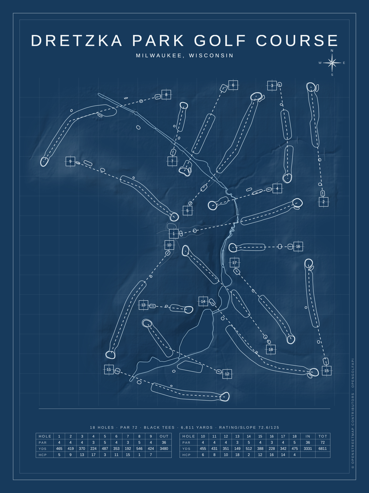 Dretzka Park Golf Course map poster, Blueprint style, 12×16 / 18×24