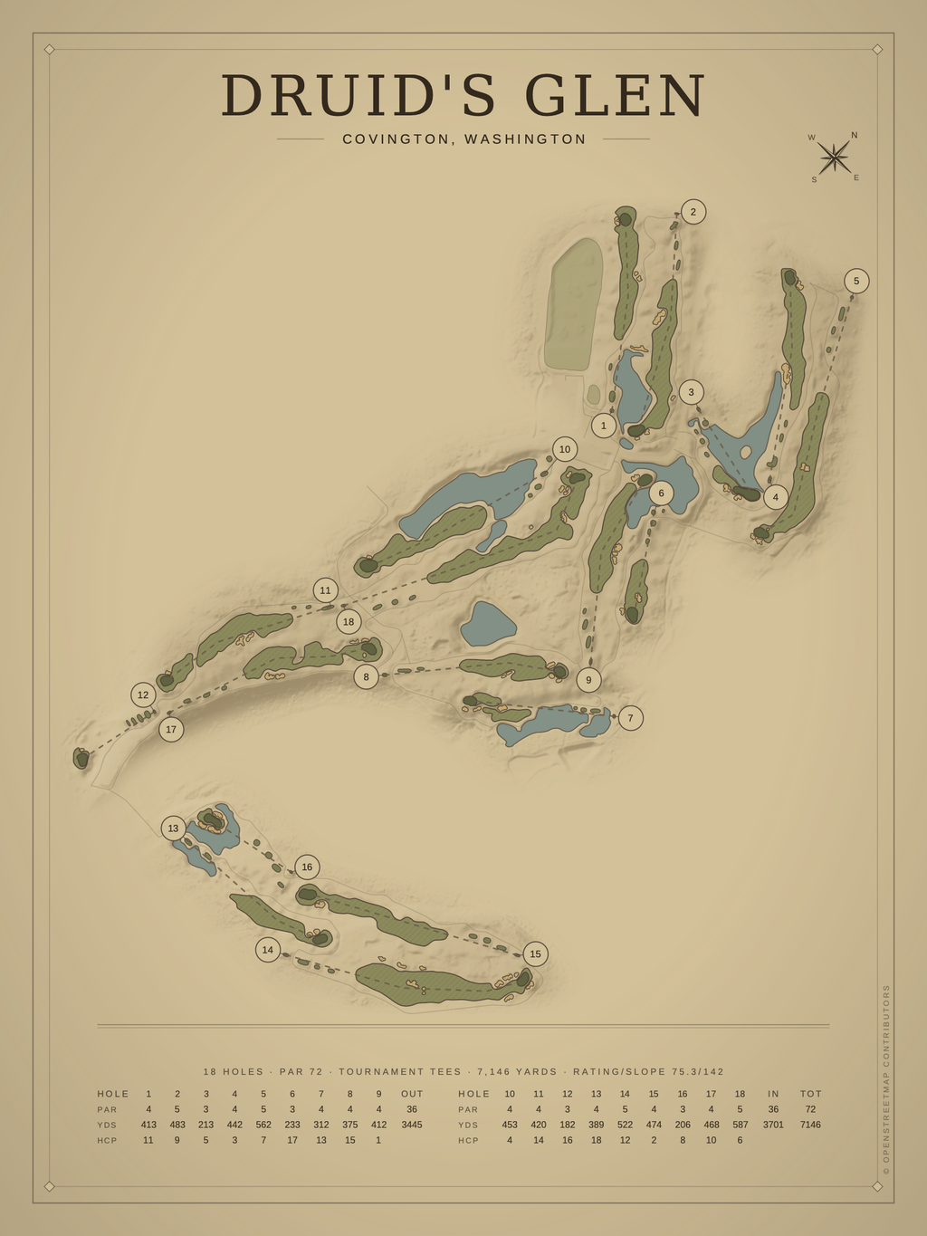 Druid's Glen course map poster, Vintage style, 12×16 / 18×24