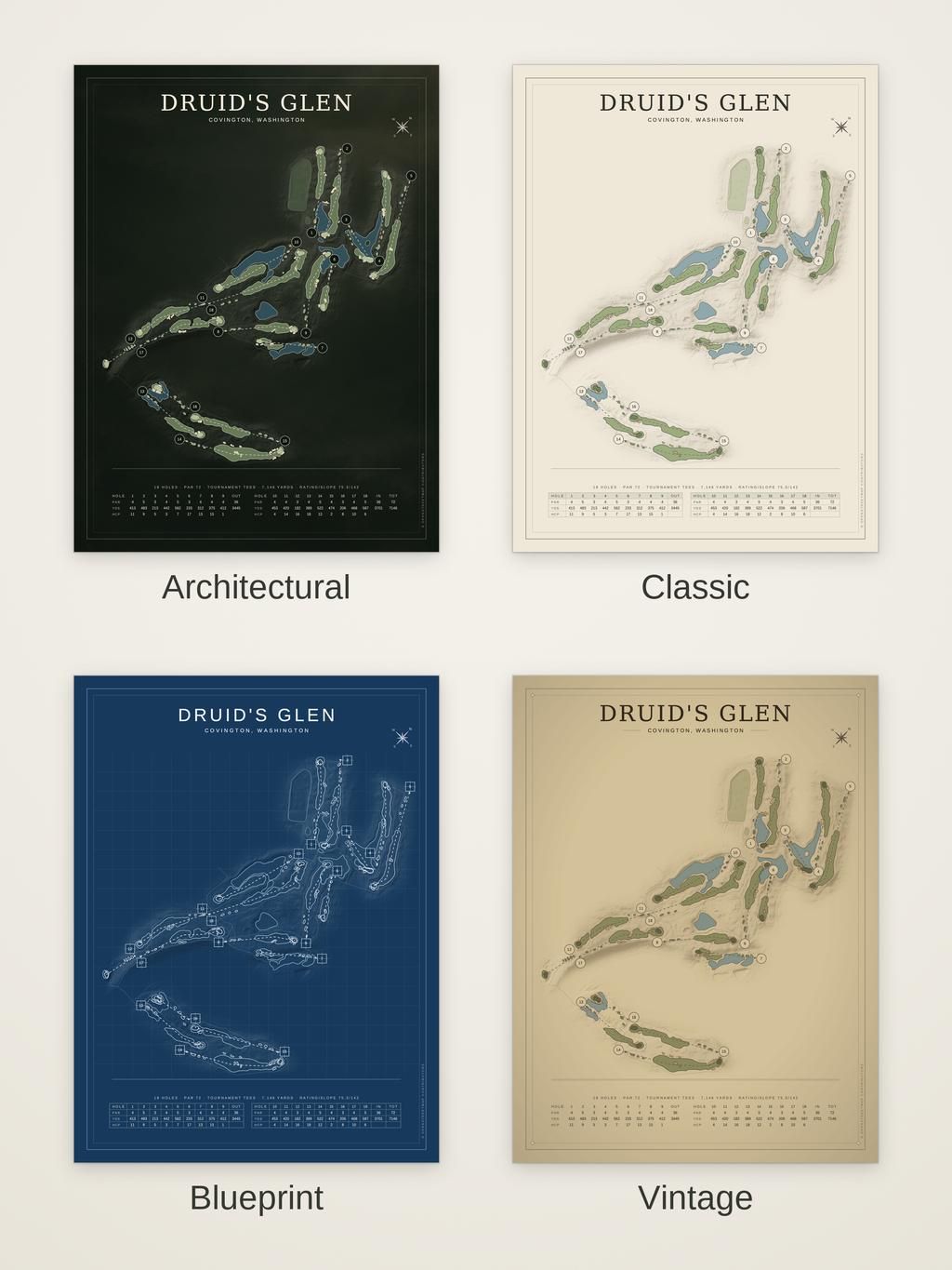 Druid's Glen course map poster in four styles: Architectural, Classic, Blueprint and Vintage
