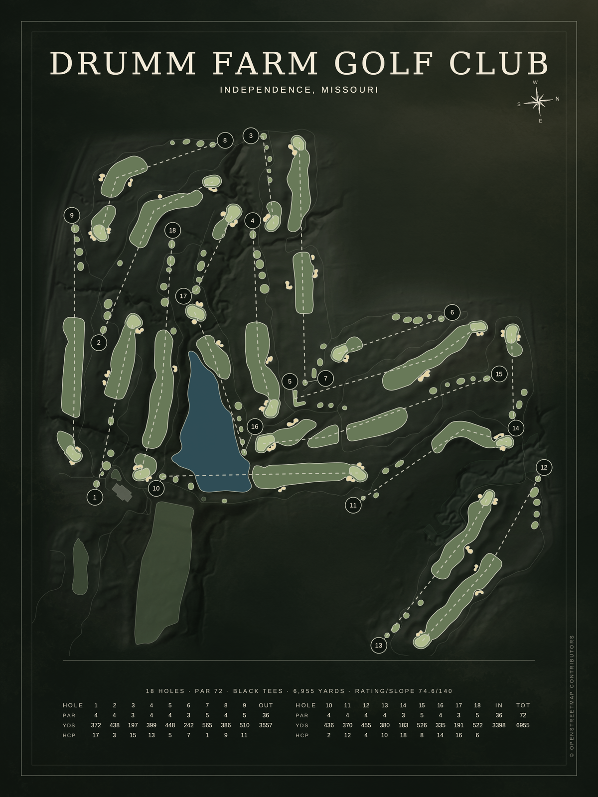 Drumm Farm Golf Club course map poster, Architectural style, 12×16 / 18×24