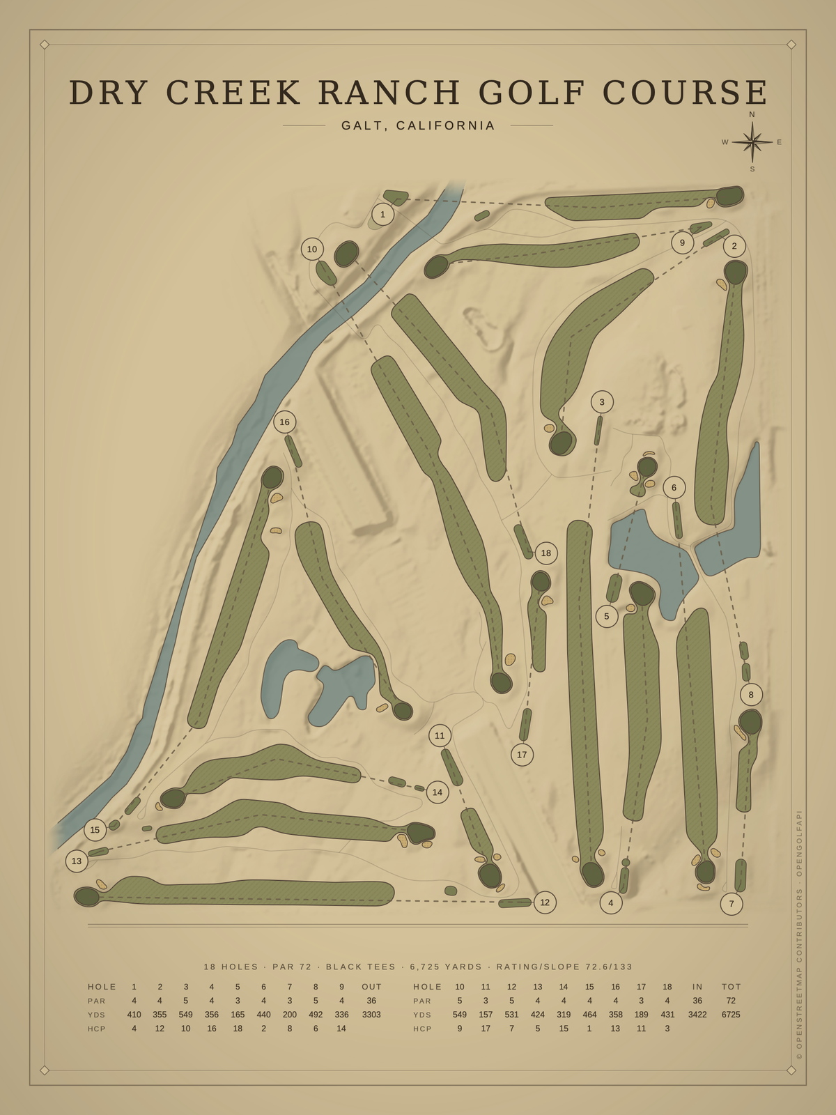 Dry Creek Ranch Golf Course map poster, Vintage style, 12×16 / 18×24