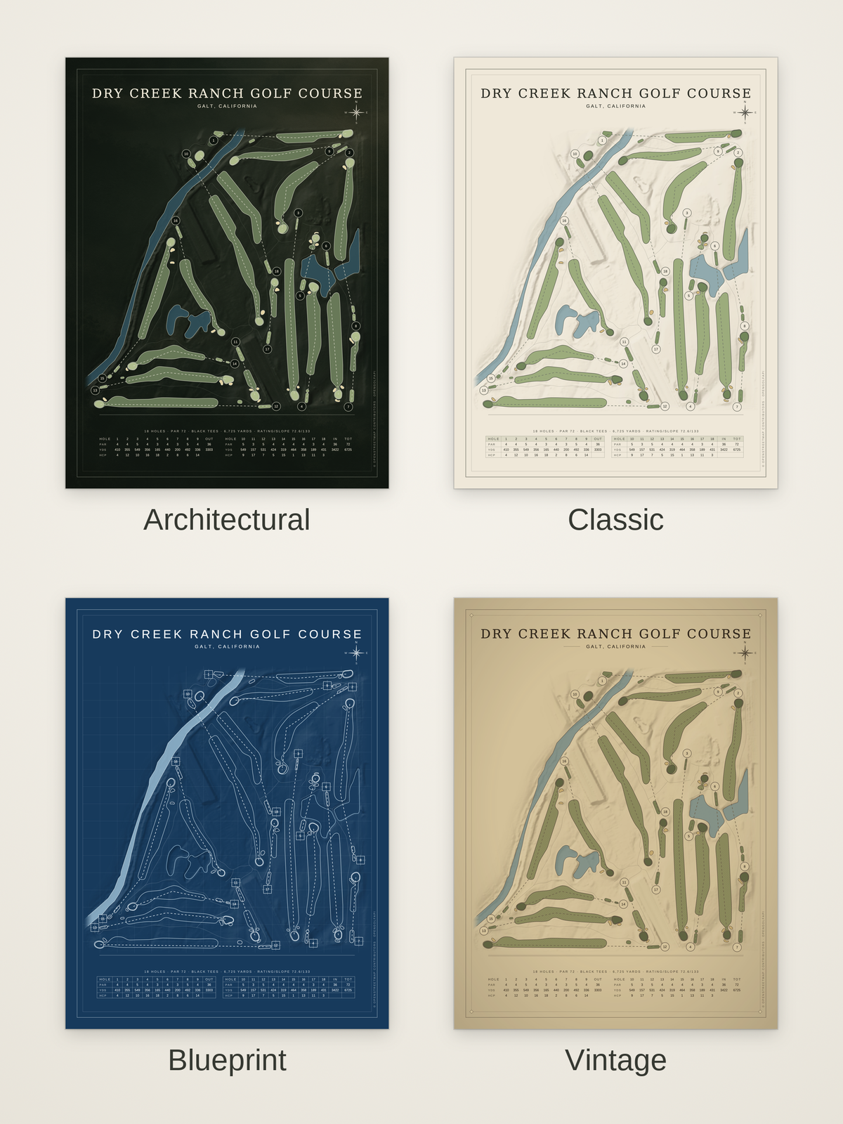 Dry Creek Ranch Golf Course map poster in four styles: Architectural, Classic, Blueprint and Vintage