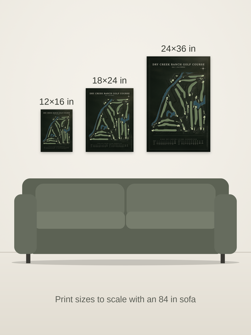 Dry Creek Ranch Golf Course map poster in the Architectural style at 12×16, 18×24 and 24×36 inches, shown to scale on a wall above an 84-inch sofa