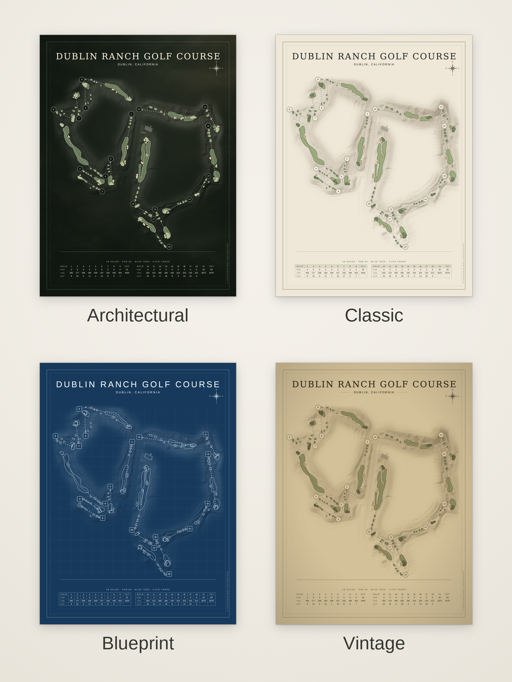 Dublin Ranch Golf Course map poster in four styles: Architectural, Classic, Blueprint and Vintage