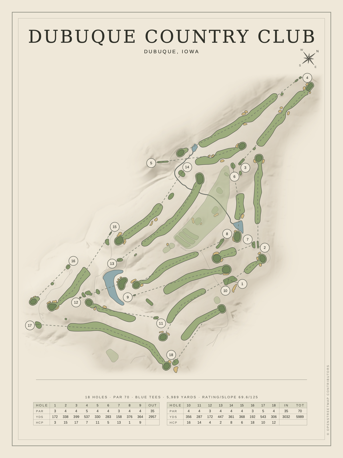 Dubuque Country Club course map poster, Classic style, 12×16 / 18×24