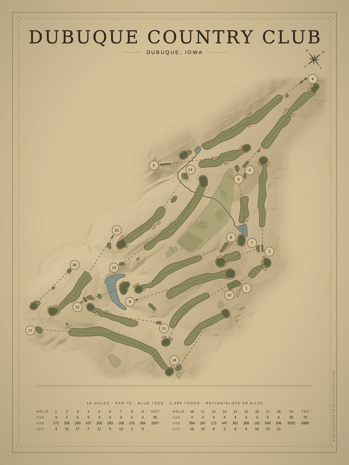 Dubuque Country Club course map poster, Vintage style, 12×16 / 18×24