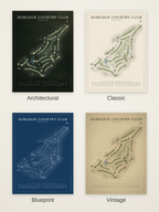Dubuque Country Club course map poster in four styles: Architectural, Classic, Blueprint and Vintage